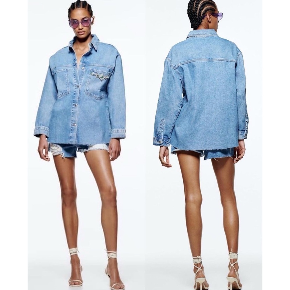 Zara Denim Jean Jacket With Rhinestones Raw Hem Streetwear Size Small